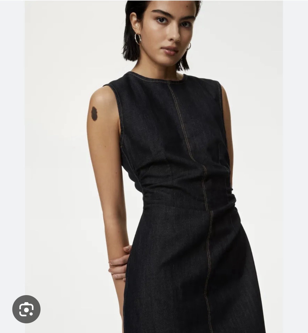 NWT Marks & Spencer Dark Indigo Denim Round Neck Ruched Midi Column Dress, SZ 14