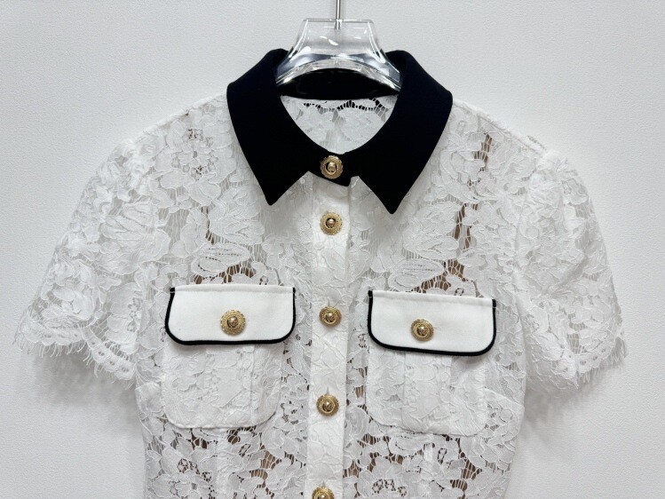 Self-Portrait white Lace trim splicing Color-blocking lapel Dress