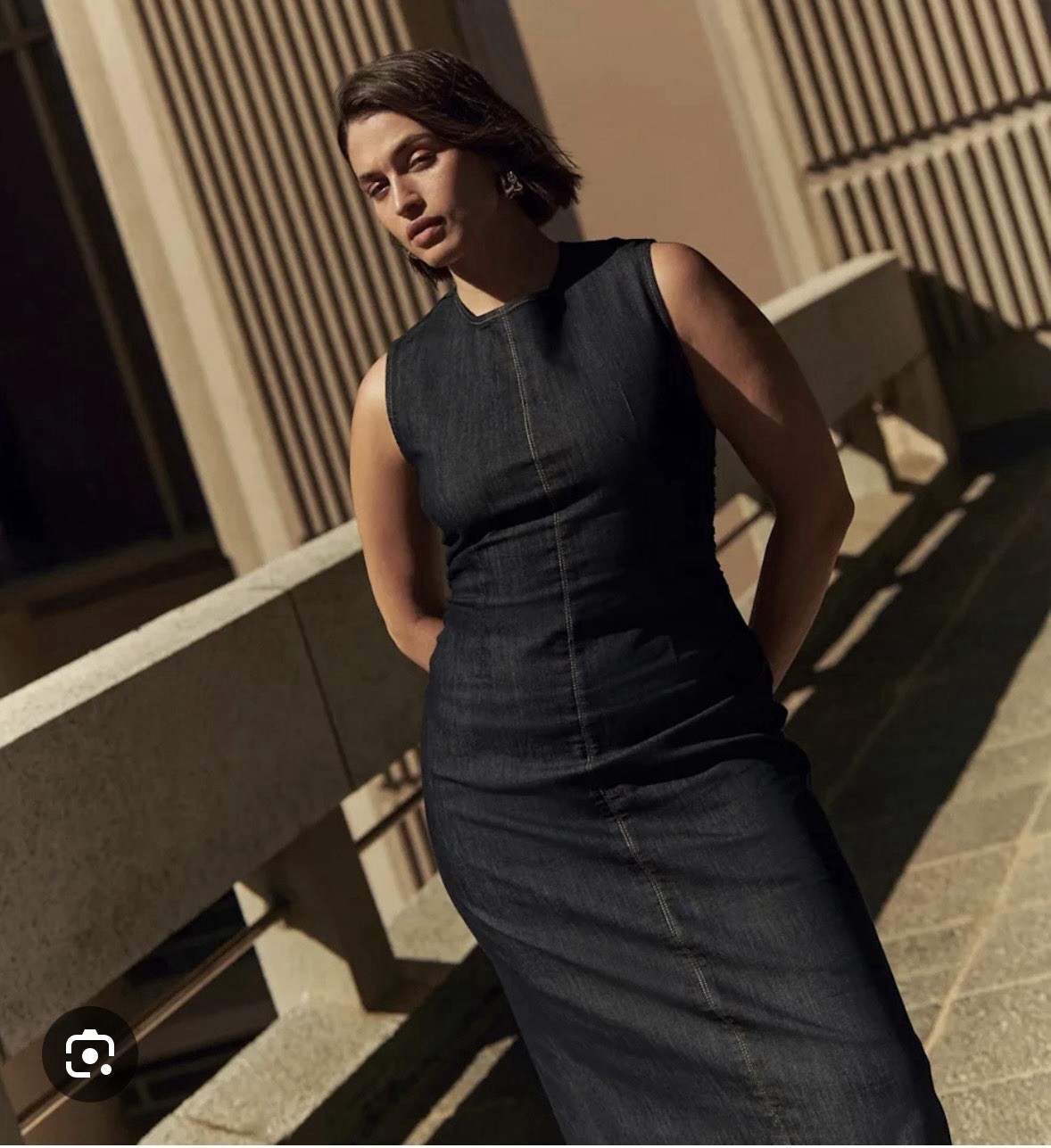NWT Marks & Spencer Dark Indigo Denim Round Neck Ruched Midi Column Dress, SZ 14