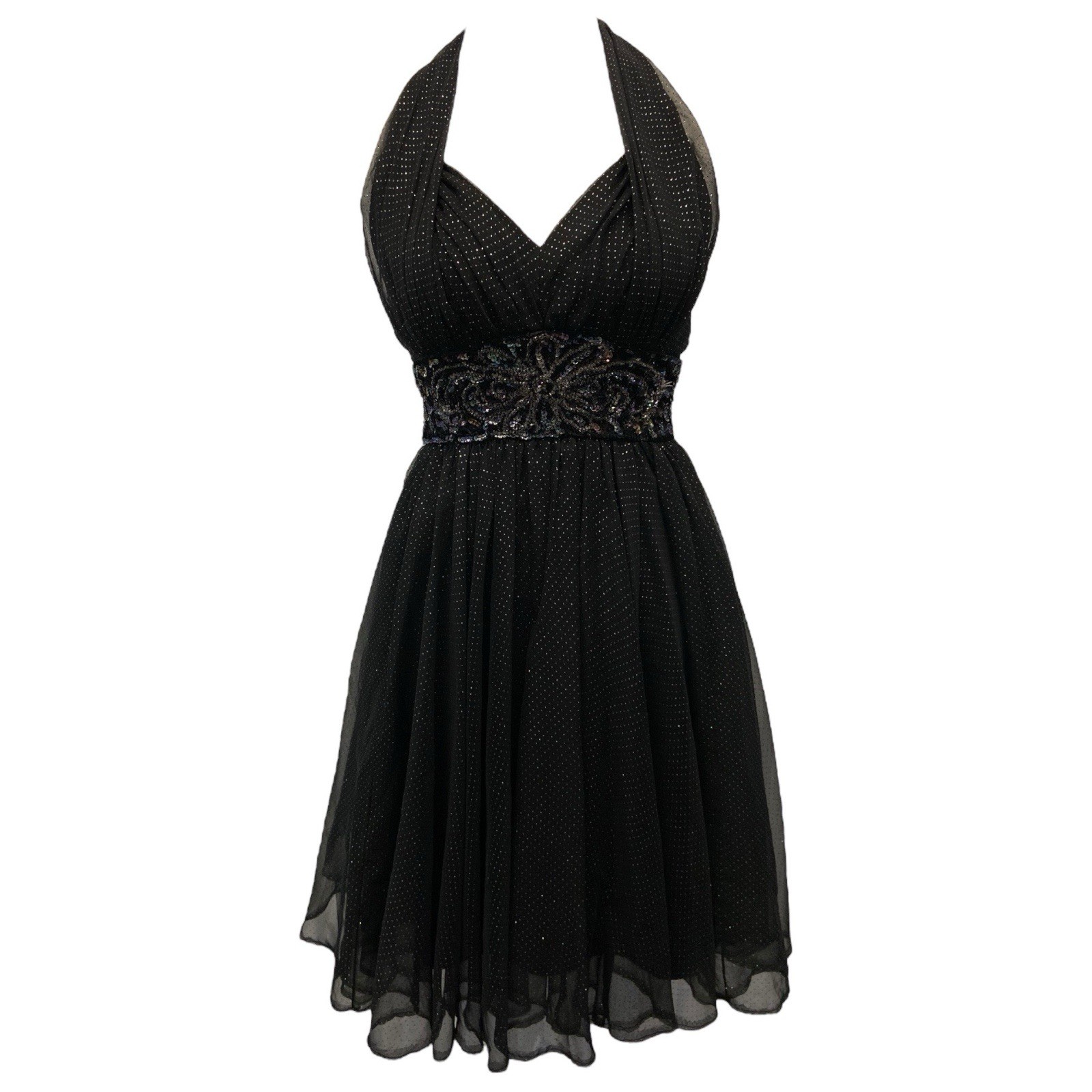 Vintage 60s Mike Benet Formals Sequin Glitter Chiffon A-Line Halter Mini Dress S