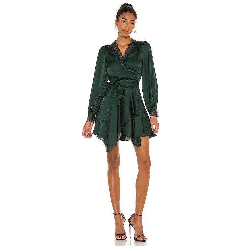 Lovers + Friends Nadeen Wrap Mini Dress Emerald Green Lace Trim XS