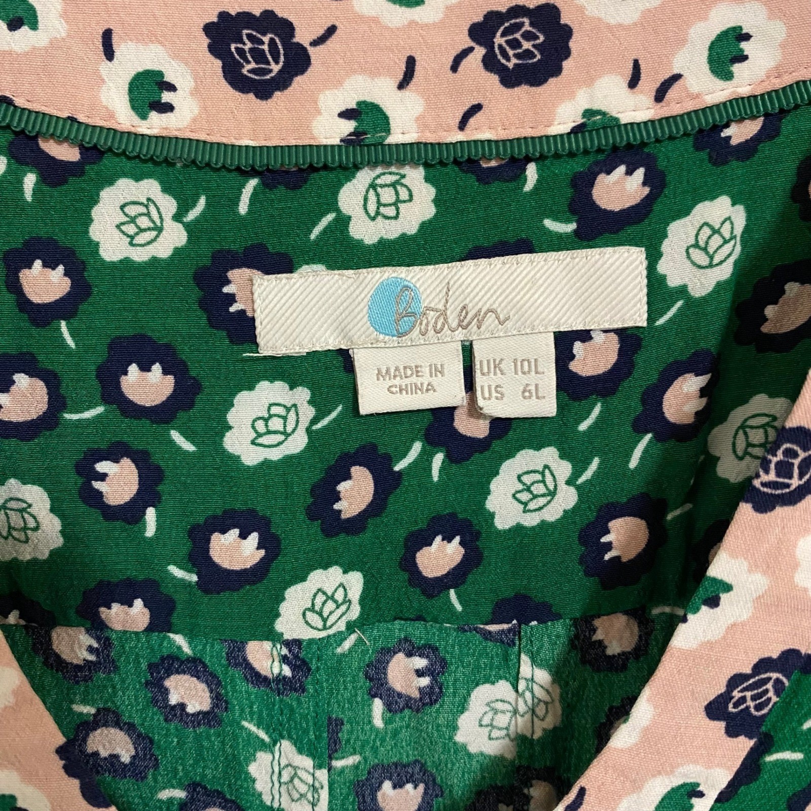 Boden Floral Dress Boho Cottagecore Womens 10 Green Pink Print 3/4 Sleeve V-Neck