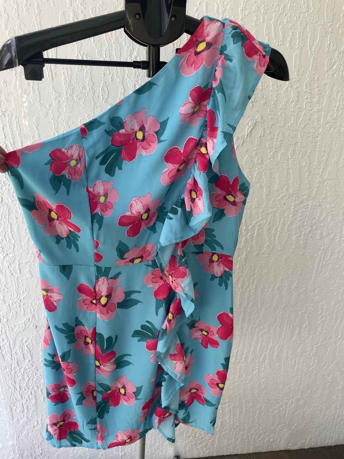 Emily Wonder Blue Pink Floral One Shoulder Ruffle Mini Dress Womens Medium NWT