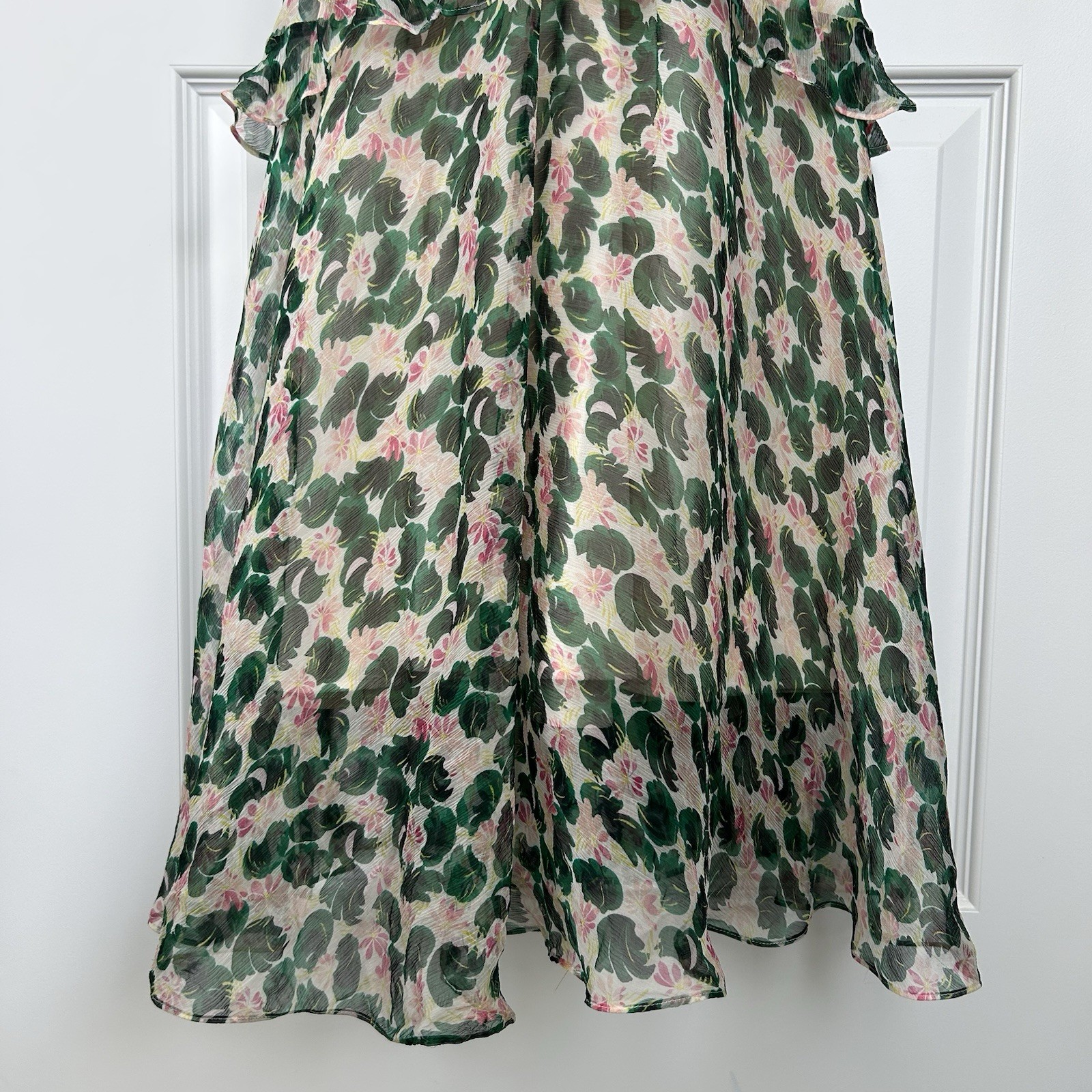 Saloni Rita Printed Silk Ruffle Maxi Dress 6 Floral Chiffon Crinkle Elegant
