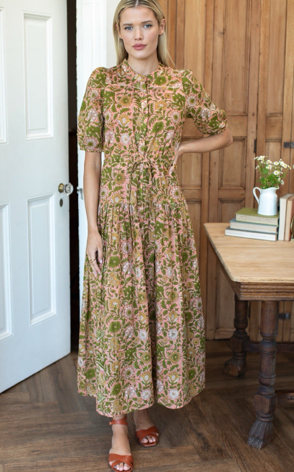 Womens XS Long Dress Organic Cotton Button Down Adjustable Waist NEW EF