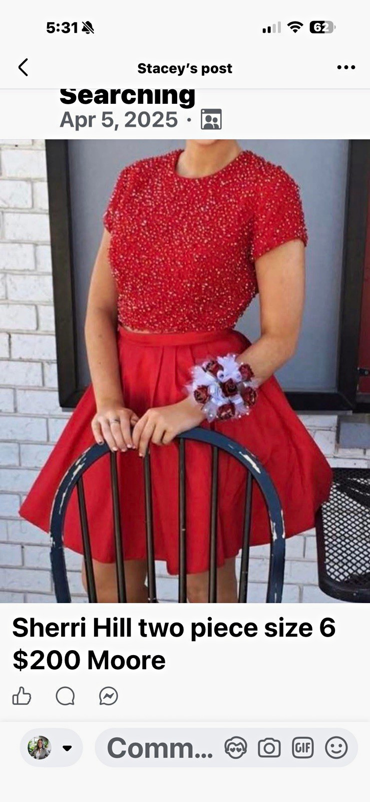 Sherri Hill Red Two-Piece Beaded Short Ball Gown Dress Women’s Size 6
