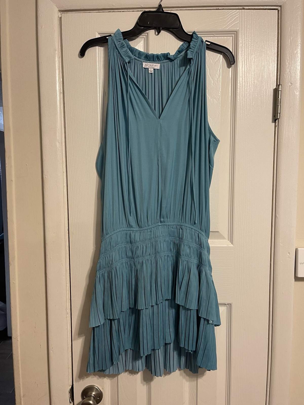 Current Air Cara Sleeveless Ruffle Neck Pleated Teal Mini Dress L
