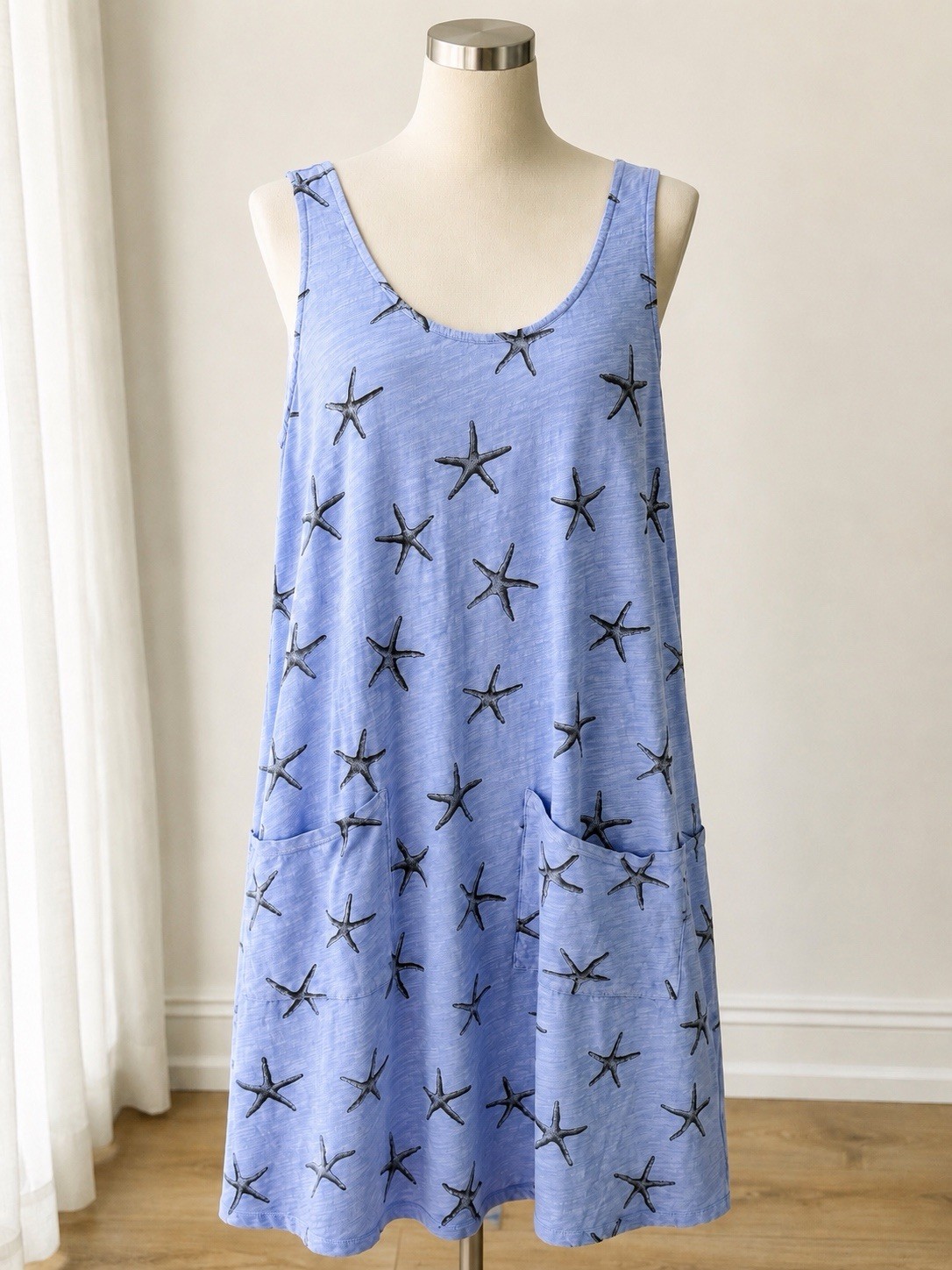 Cotton A-Line Dress Medium M Periwinkle Blue Made in USA Pockets