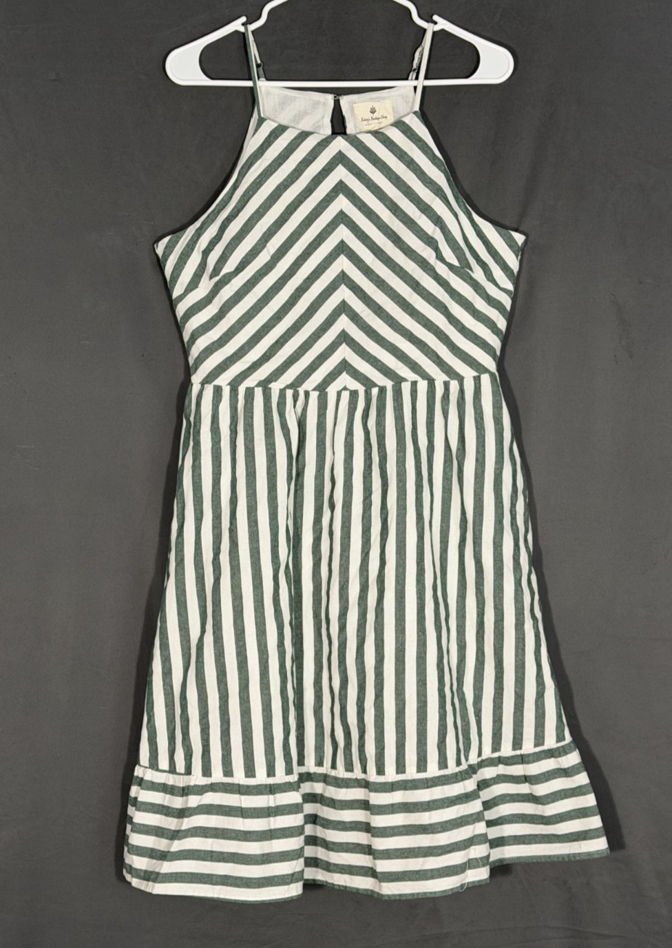 Betsey’s Boutique Shop Striped Sun Dress Women’s L Green White New Cutout Back