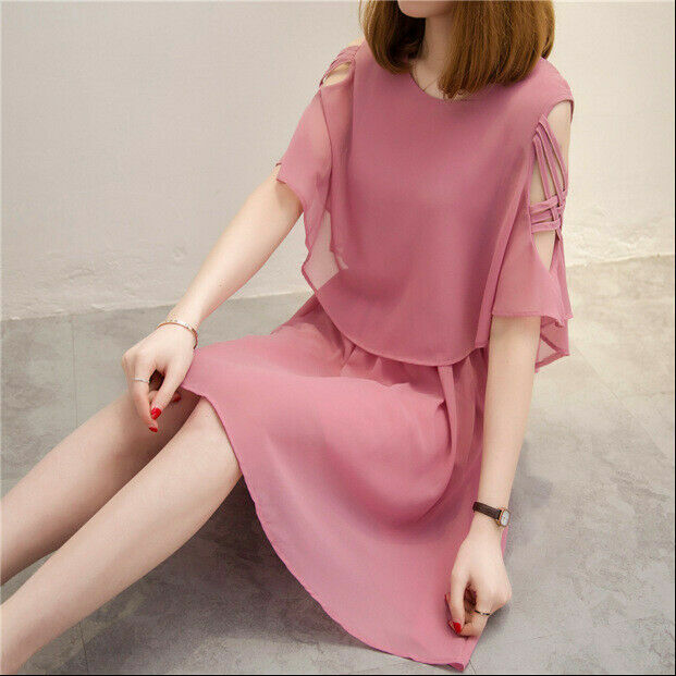 Summer New Short-Sleeved Pure Color Chiffon Dress Female Loose A-Line Skirt Tide