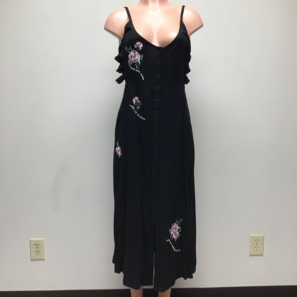 Topshop Women Dress Black Floral Slit Maxi Criss Cross Embroidered Button 10 New