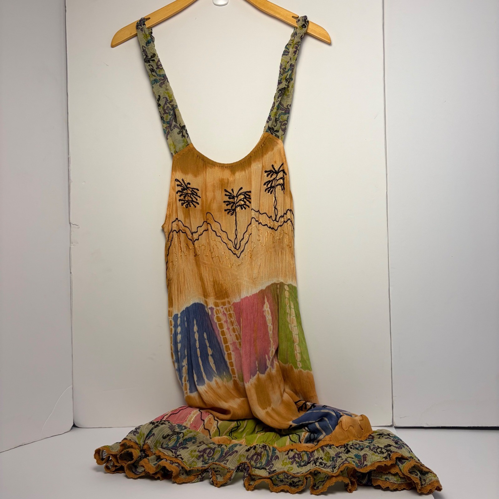 Star India Boho Tie Dye Palm Tree Embroidered Maxi Dress Orange Multi One Size