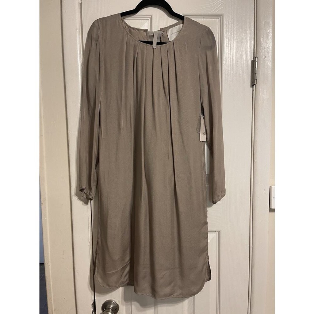Brochu Walker Flowy Pleated Beige Shift 100% Silk Dress NWT