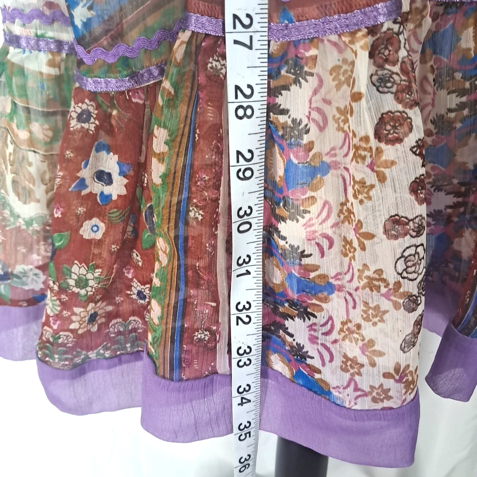 Babydoll Floral Sheer Patchwork Beaded Tiered Mini Dress Size M Purple Boho
