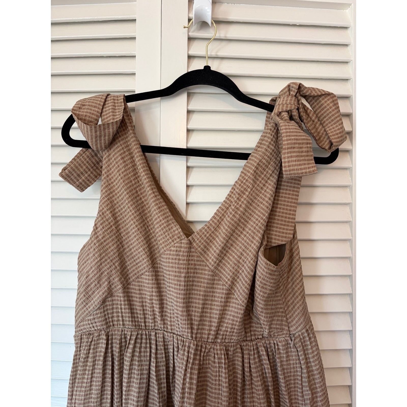 Apero Mallorca nursing dress medium gingham brown cream tan v-neck bow
