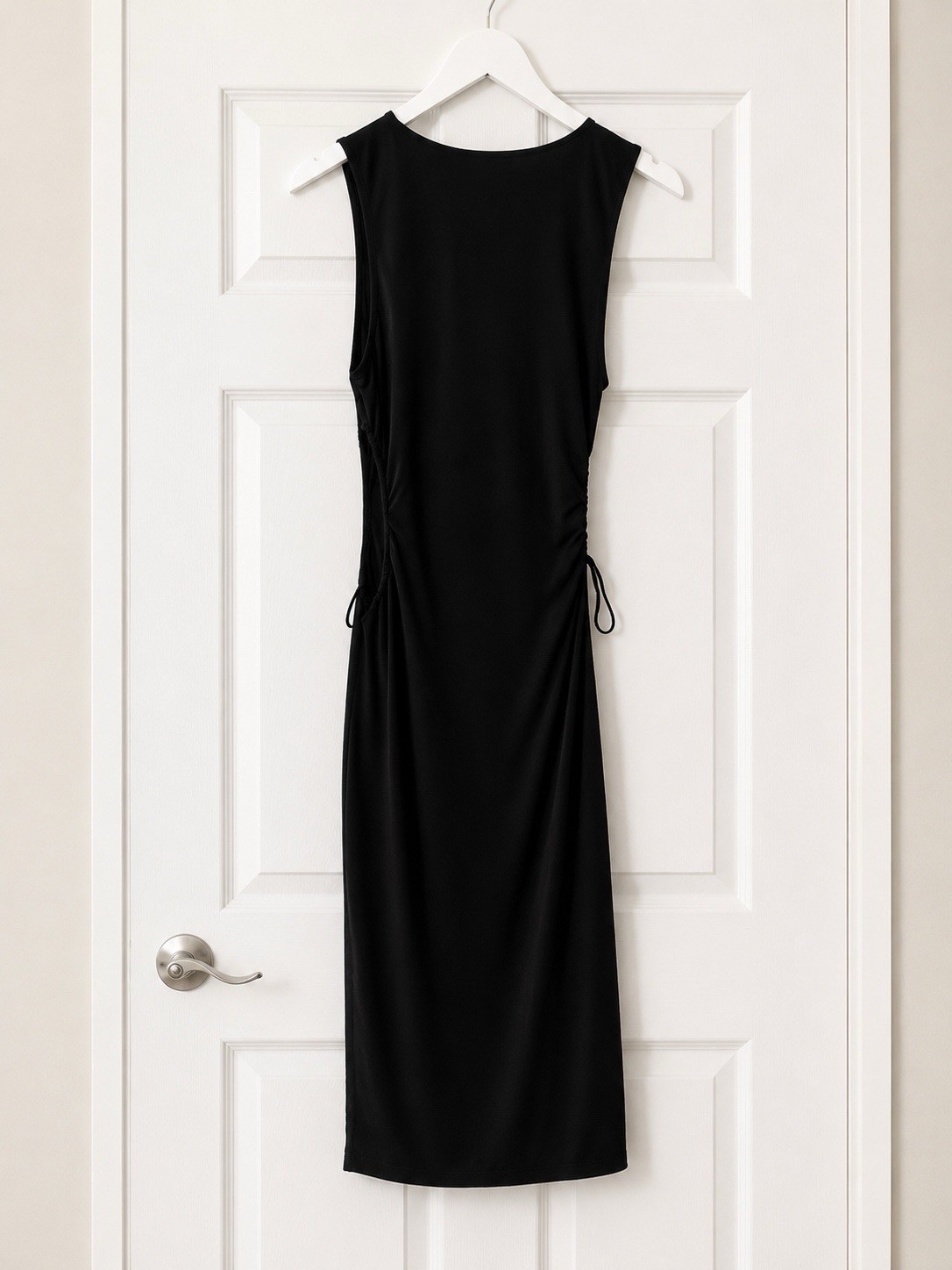 Ambiance Womens L Black Solid Round Neck Ruched Drawstring Sleeveless Midi Dress