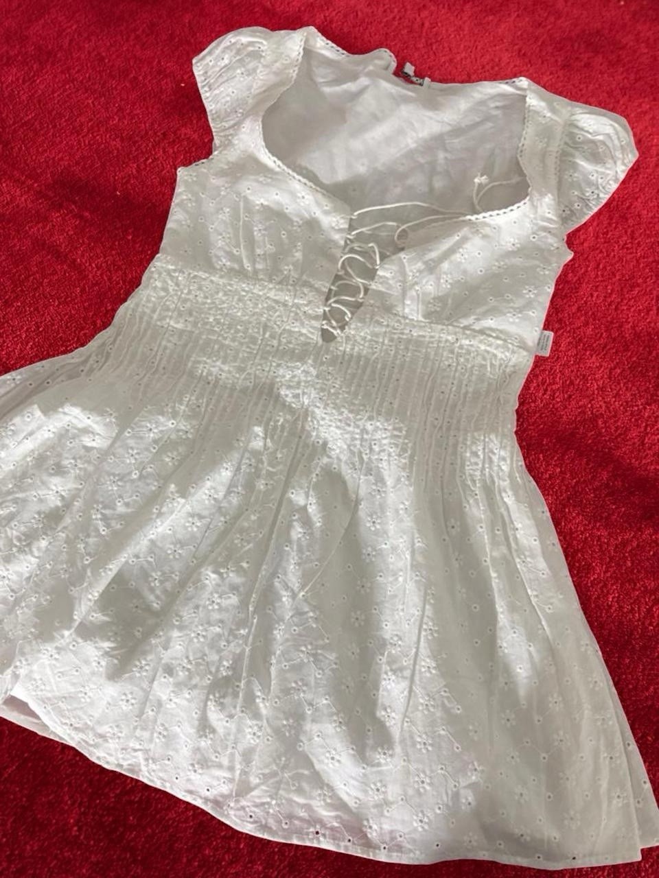 Fashion Nova White Eyelet Smocked Lace-Up Square Neck Mini Dress Size S