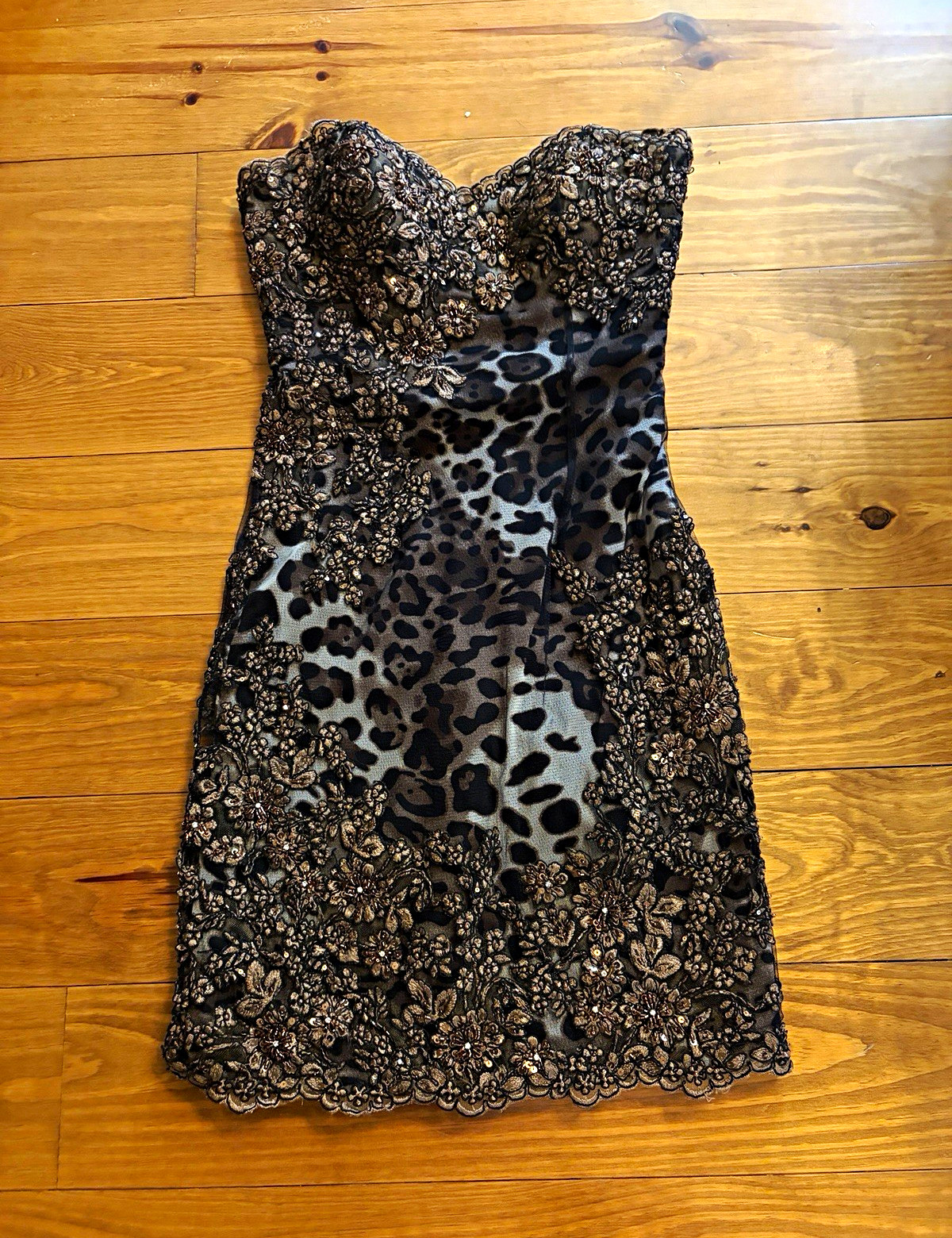 Jovani Strapless Cheetah Print Lace Beads and Sequined Mini Dress Size 0