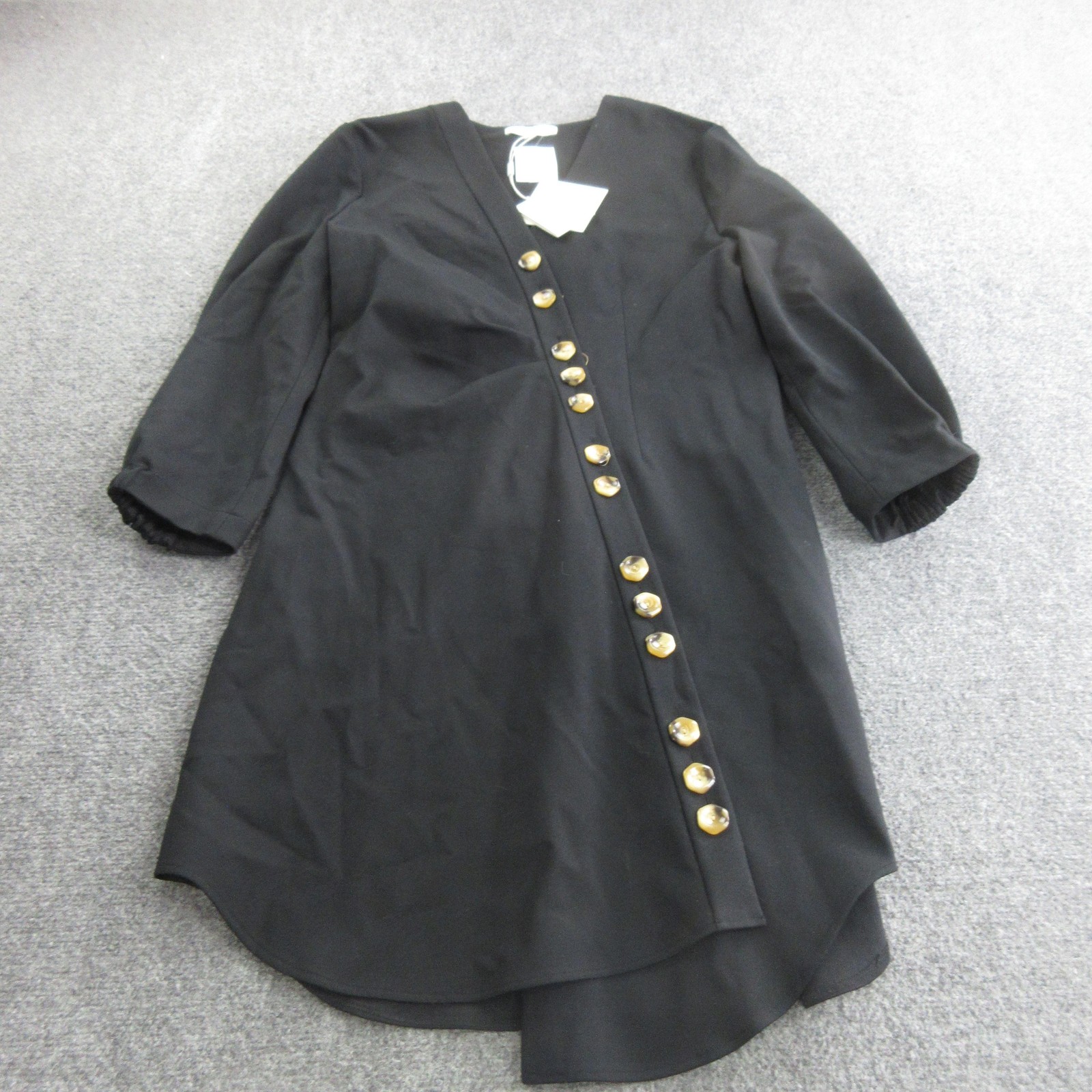 Tibi Dress Womens 10 Black Woven Asymmetric Button Hi Low Shift 3/4 Sleeve