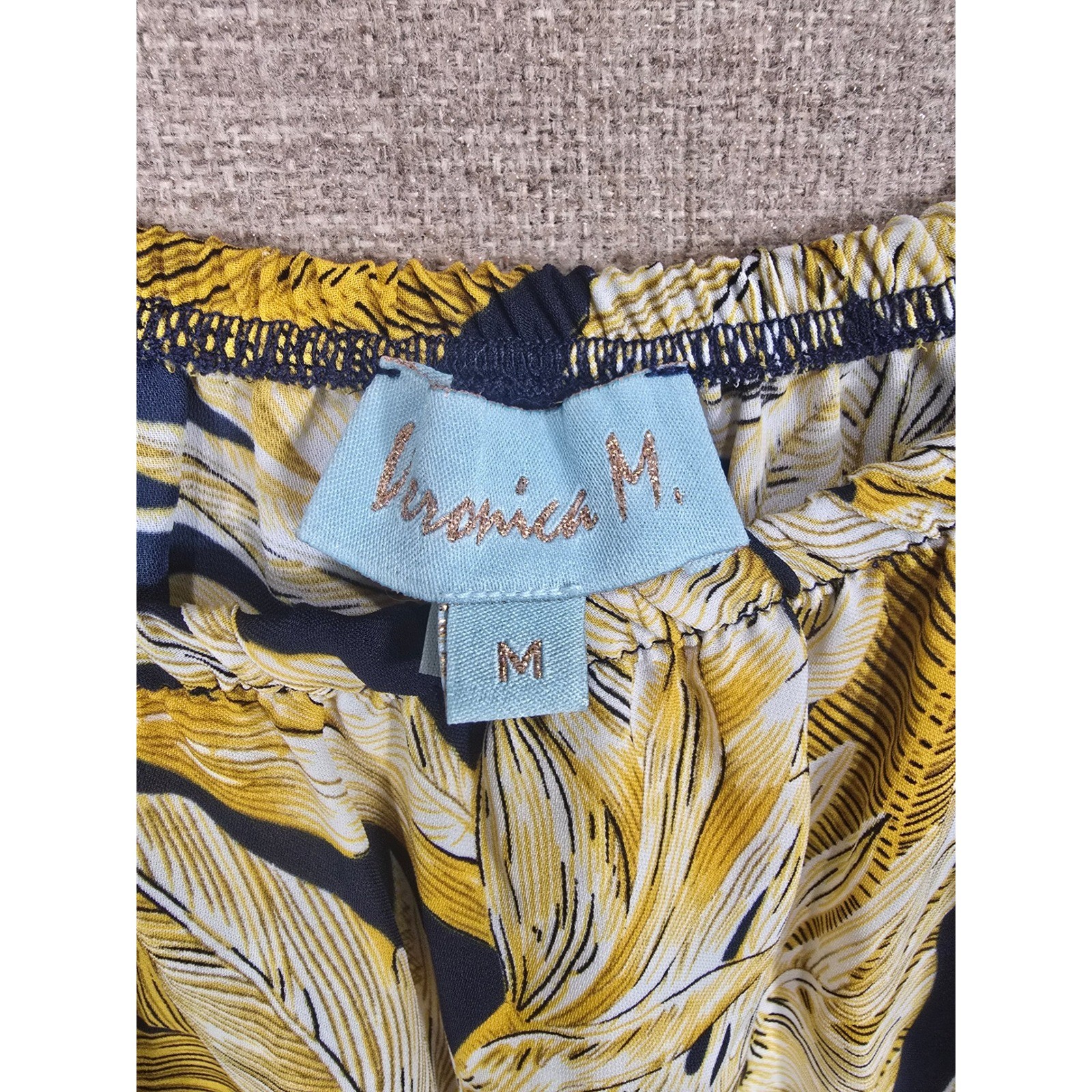 Veronica M Tropical Palm Leaf Smocked Drop Waist Mini Dress Navy Yellow Medium