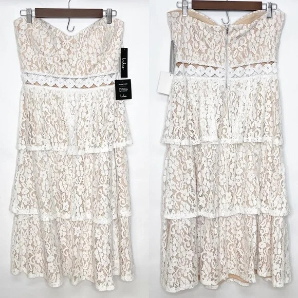 Lulus Adorn White Strapless Lace Tiered Midi Dress Sz S NEW NWT