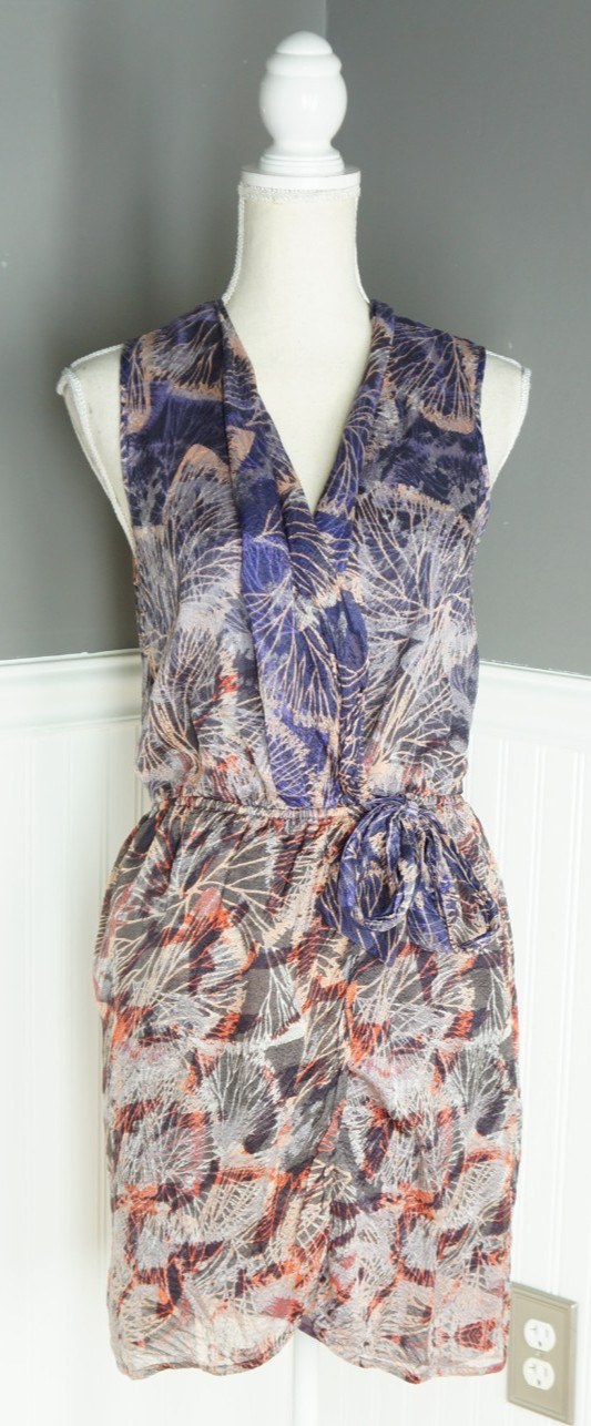 Presley Skye Butterflies 100% Silk Crepe Mini Tulip Hem Wrap Dress Size M