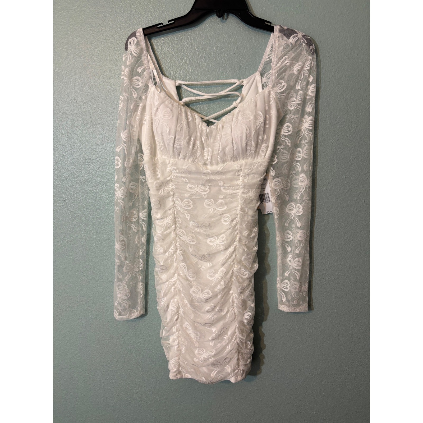City Vibe White Lace Bow Ruched Bodycon Mini Dress Lace Up Back XL NWT