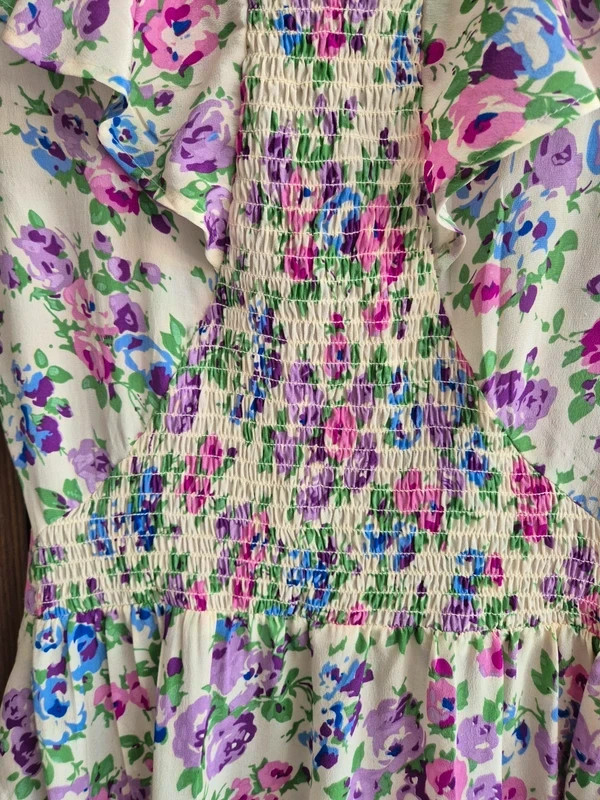 Warehouse Vintage Y2K 100% Silk Cream Purple Floral Tiered Ruffle Dress Size 10