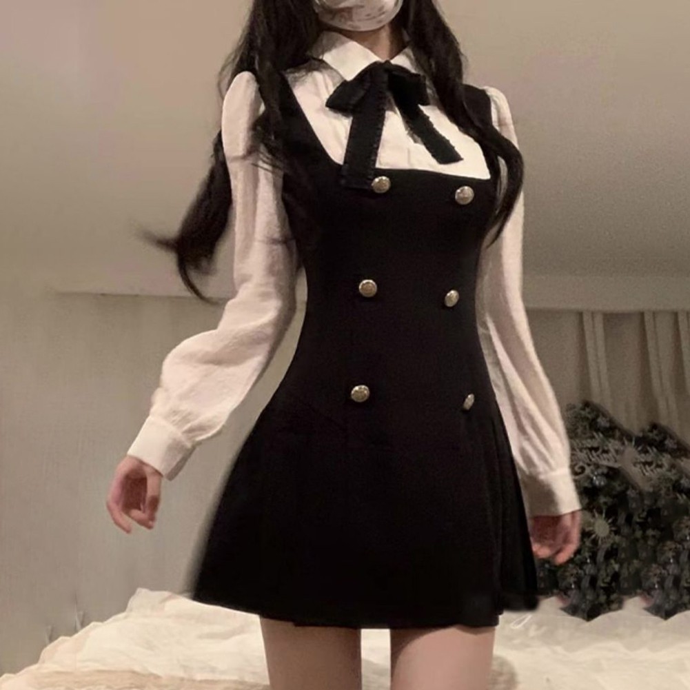 Comfy Spring Autumn Fashion Bow Fake Two Pieces Sweet Bow Buttons Design