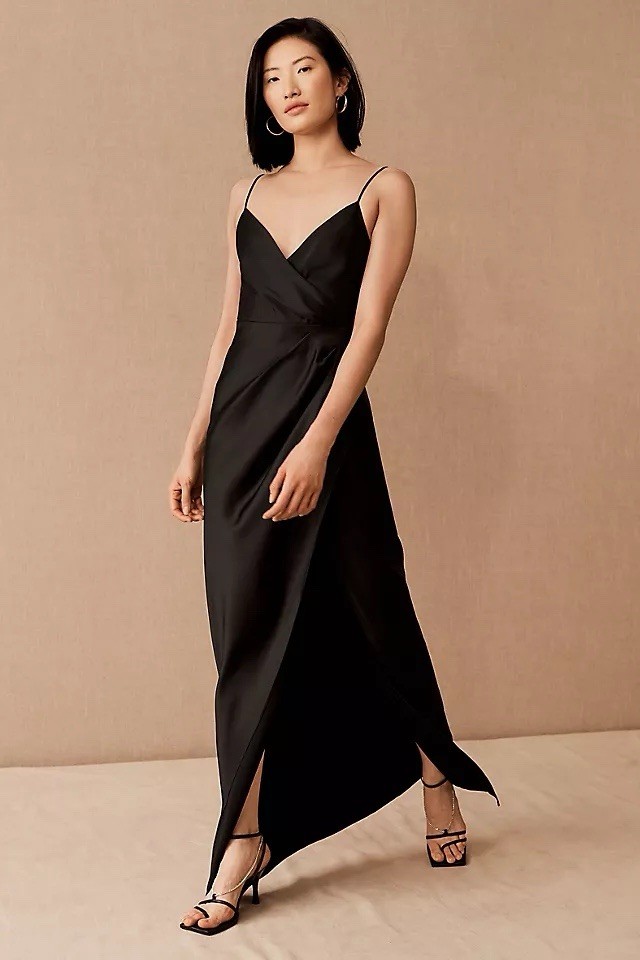 Anthropologie Freya Satin Charmeuse Dress Size 6 Black BHLDN