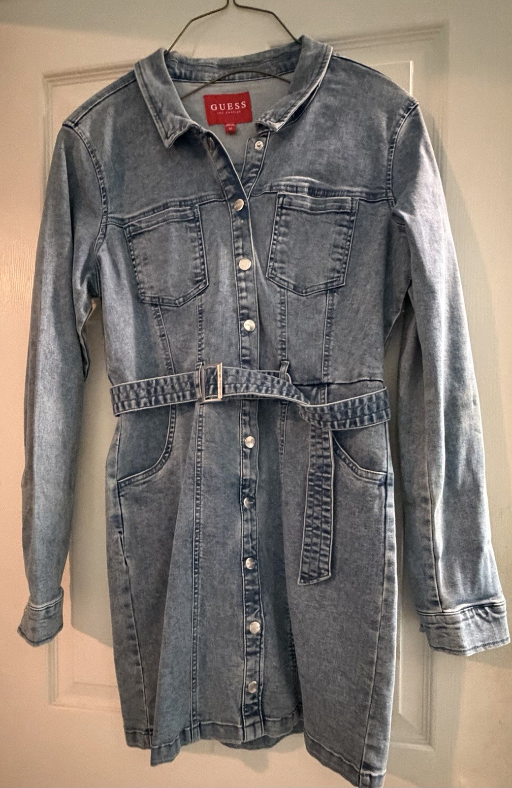 NWT GUESS Women Light Wash Denim Long Sleeve Mini Dress Button Zip Front Size XL