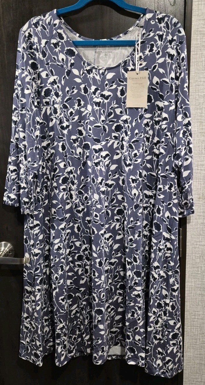 Garnet Hill Womens Knit 3/4 Sleeve Trapeze Dress Size XL Stretch Blue Floral NWT