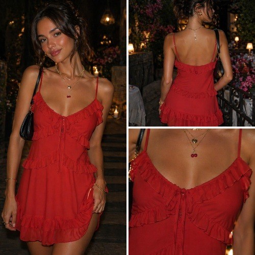Forever 21 Red Ruffle Mini Dress Small Orange Red Spaghetti Strap Tie Front