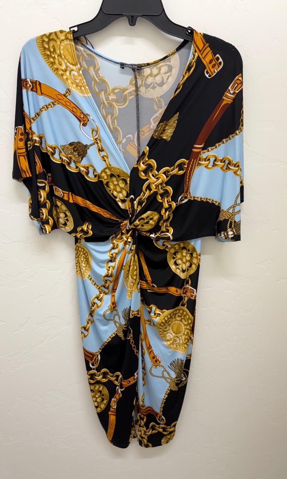 Lovely Day Chain Print Knot Front Midi Empire Dress Low Cut V-neck w/Slit Sz M