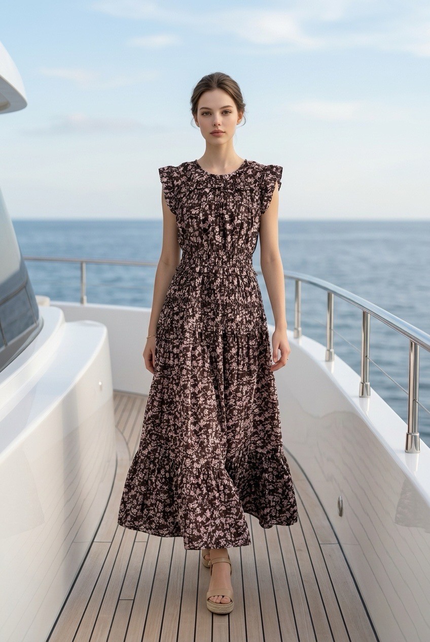 NWT Caroline Constas Floral Smocked Cotton Maxi Dress Brown Pink Size S