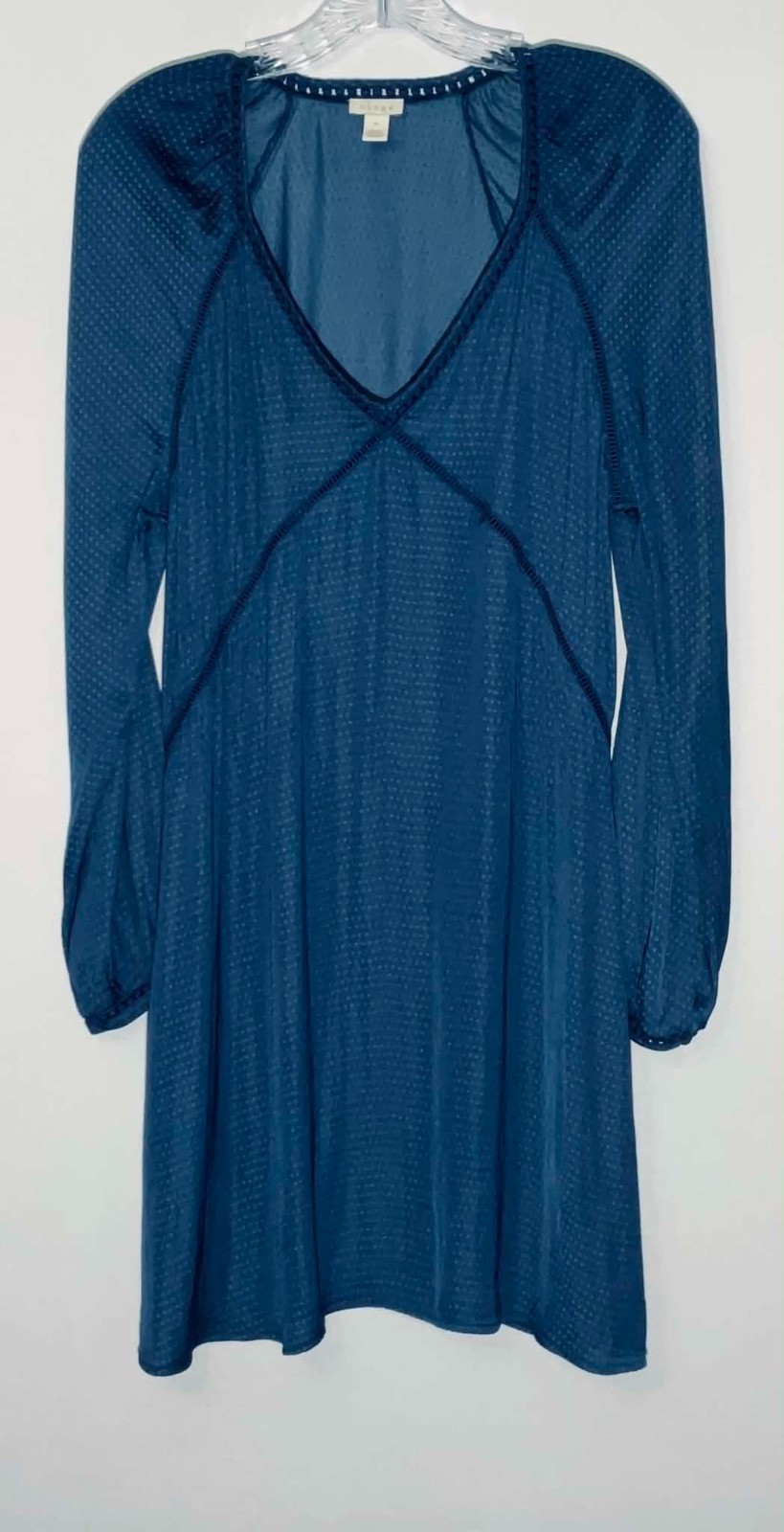 Hinge Teal Blue Dobby Dot V-Neck Long Sleeve Tunic Mini Dress Women Size M Boho