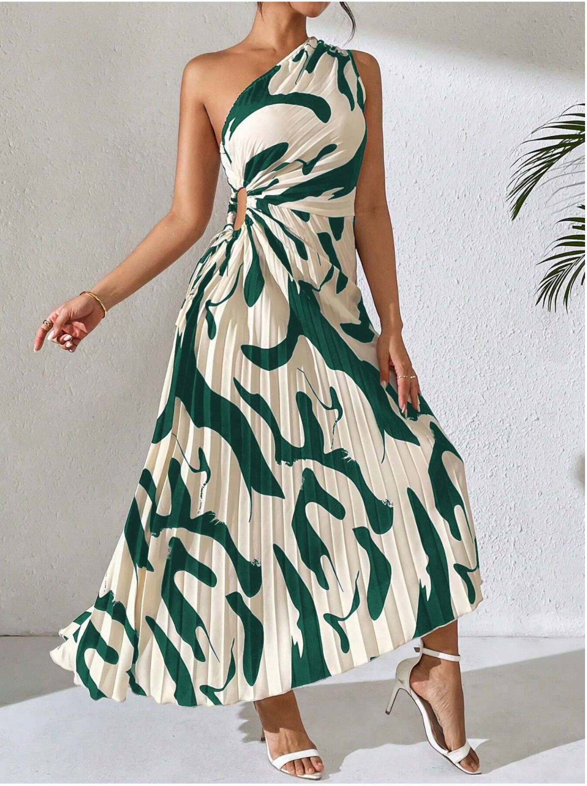 Raffinéa Summer Asymmetric Neckline Pleated Hollow Out Printed Long Dress