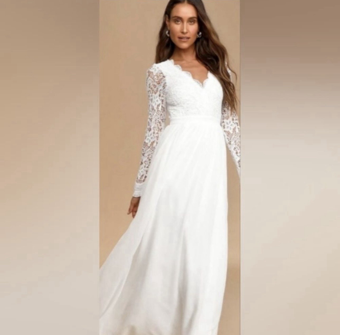 Lulus White Solid Lace Polyester V-Neck Long Sleeve Maxi Dress Double Lined S