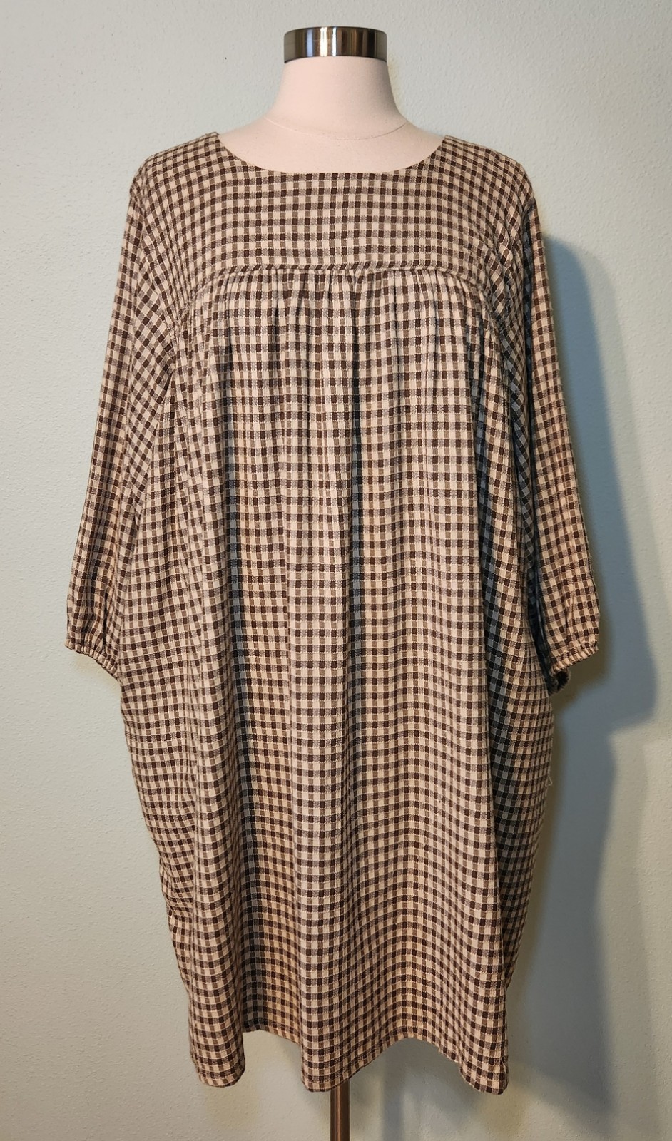 NWT ABLE Brown Gingham Cotton Blend Alyssa Mini Lined Peasant Dress Size XXL
