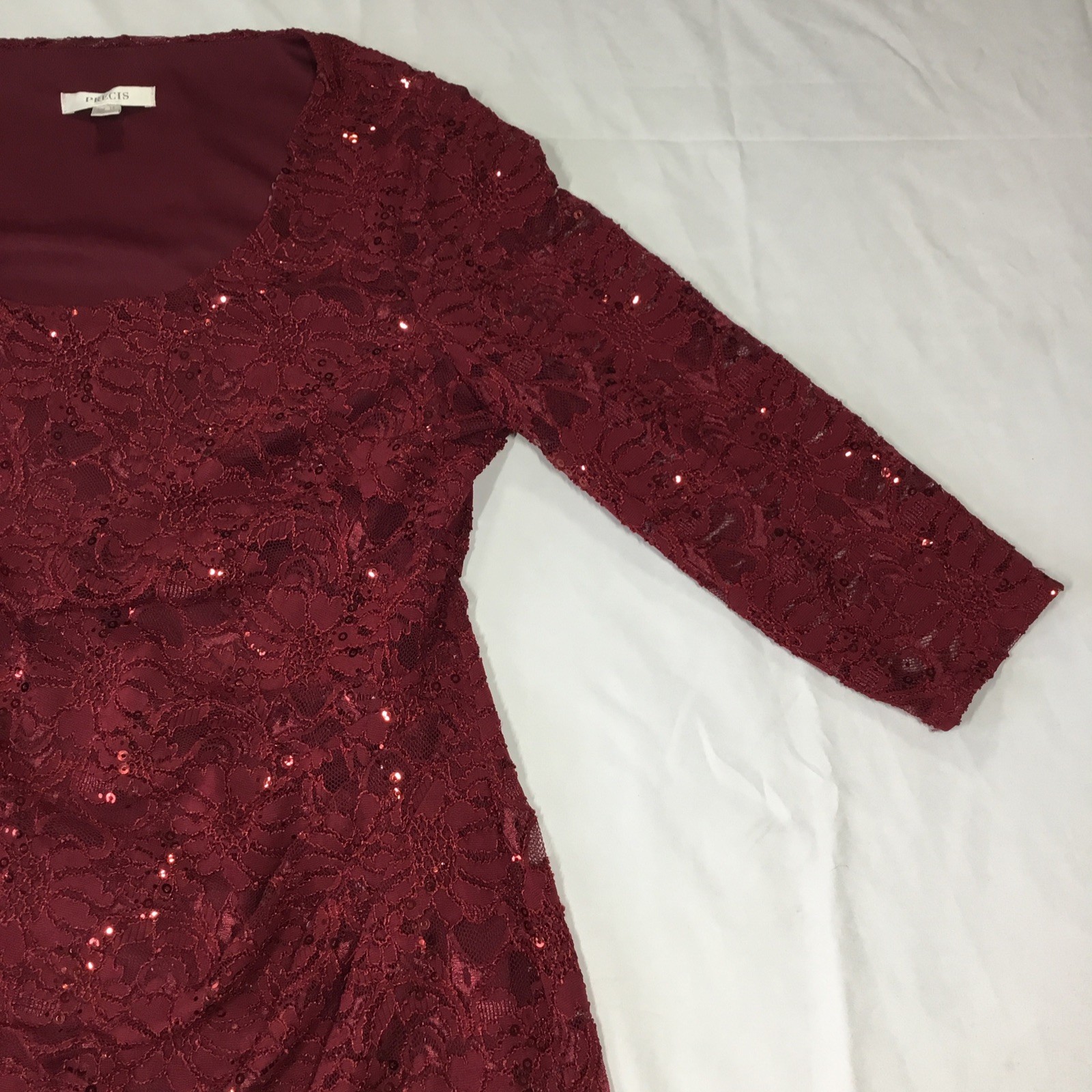 Precis Red Lace Floral Sequin Sleeve Knee Dress UK 14