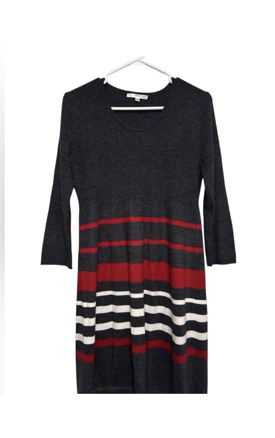 Studio One New York Gray Striped Knit Sweater Dress Scoop Neck 3/4 Sleeve 2X