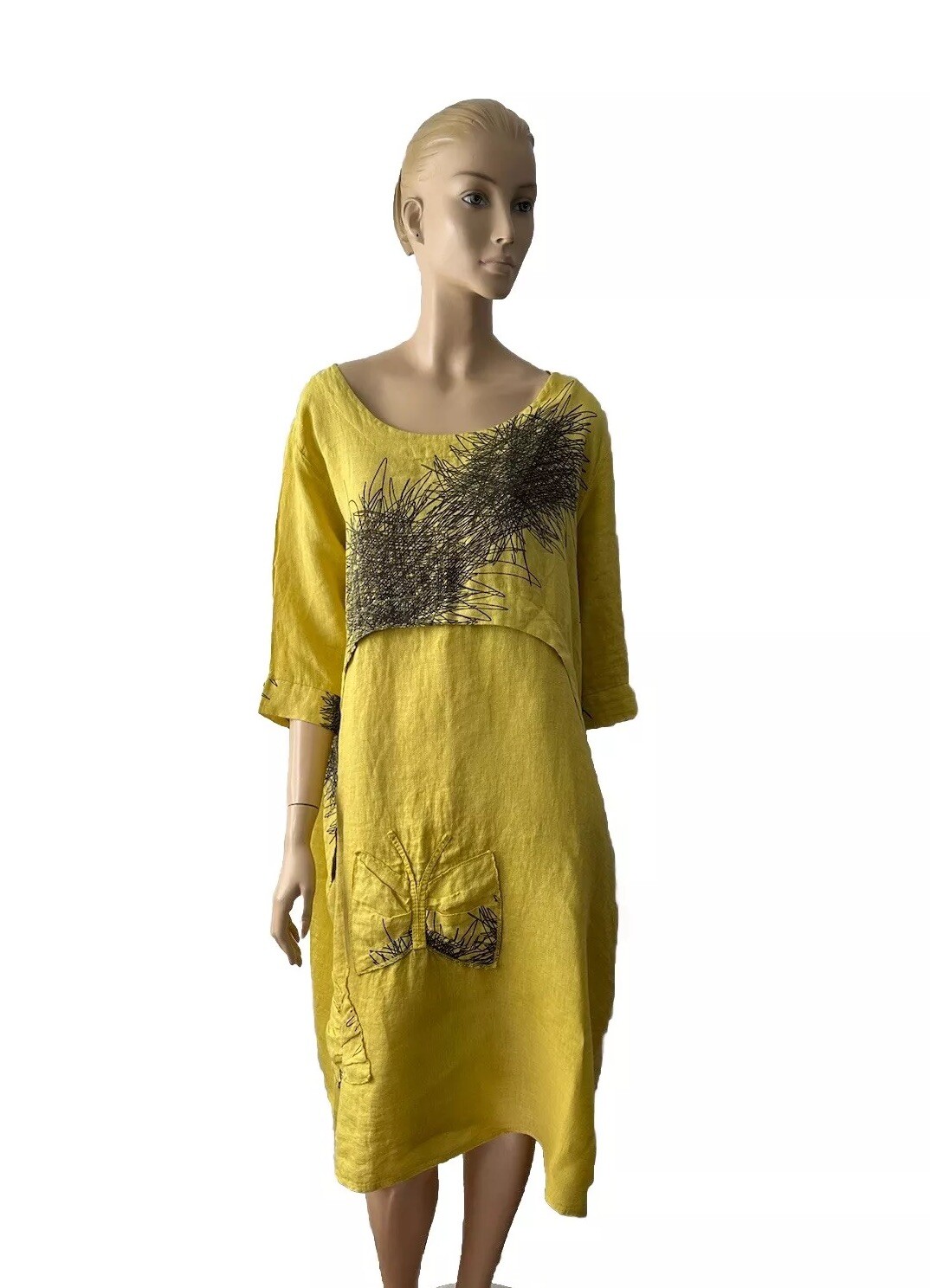 NWT KLASIKS BAMBOO 100% LINEN POCKETS 1/2 SLEEVES BOHO MIDI DRESS SIZE M/L/XL