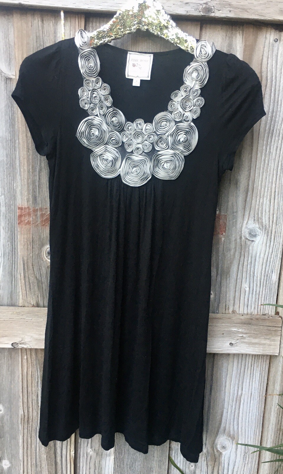 Pink Rose Dress Black Silver Gray Ribbon Floral Embellishment Cap Sleeves Size M