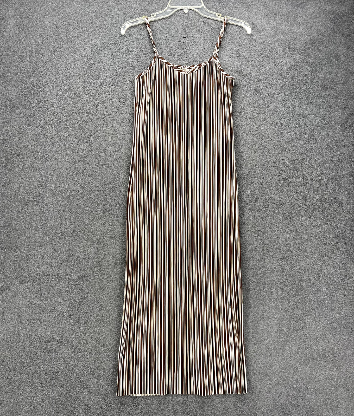 Dazy Slip Dress Womens XS Brown white stripes pleated stretch midi sleeveless