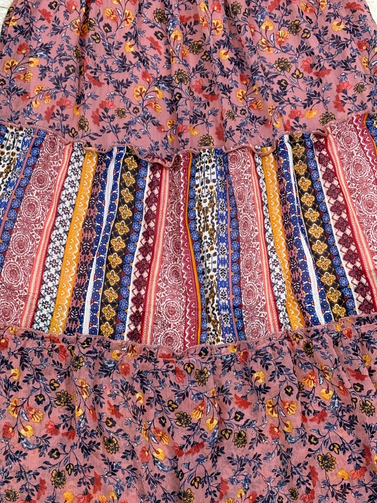 Fig & Flower Floral Tiered Patchwork Boho Smocked Maxi Dress S Cottage Peasant