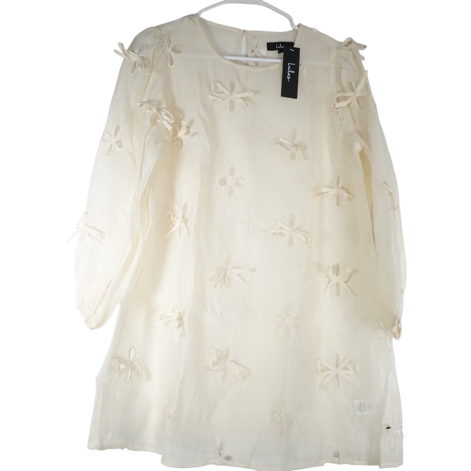 New Lulus No Slip Small Aamira Cream Embroidered Bow Blouson Shift Mini Dress