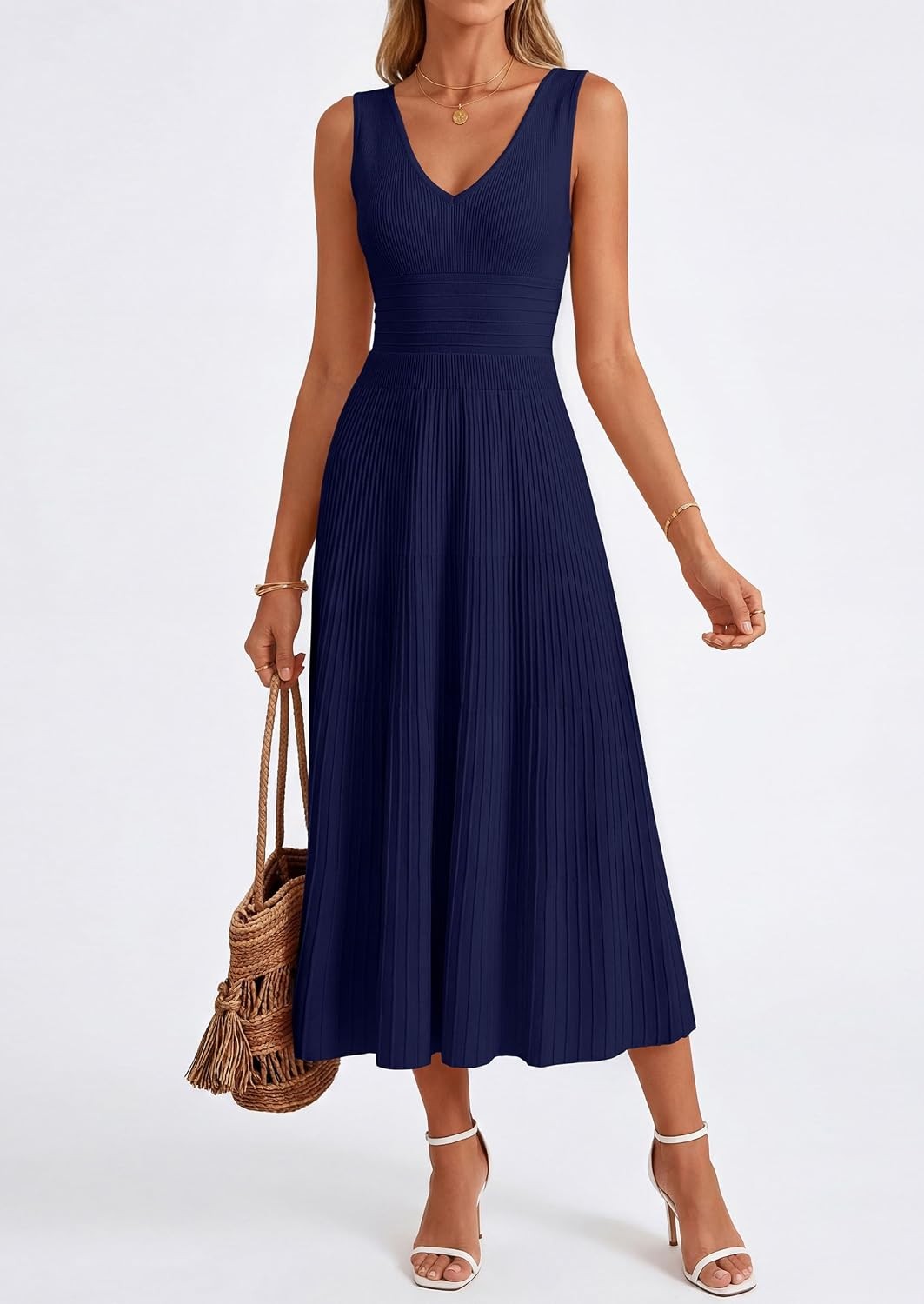 Summer Dresses for Women 2026 Spring Casual Sleeveless V Neck Pleated Midi Work