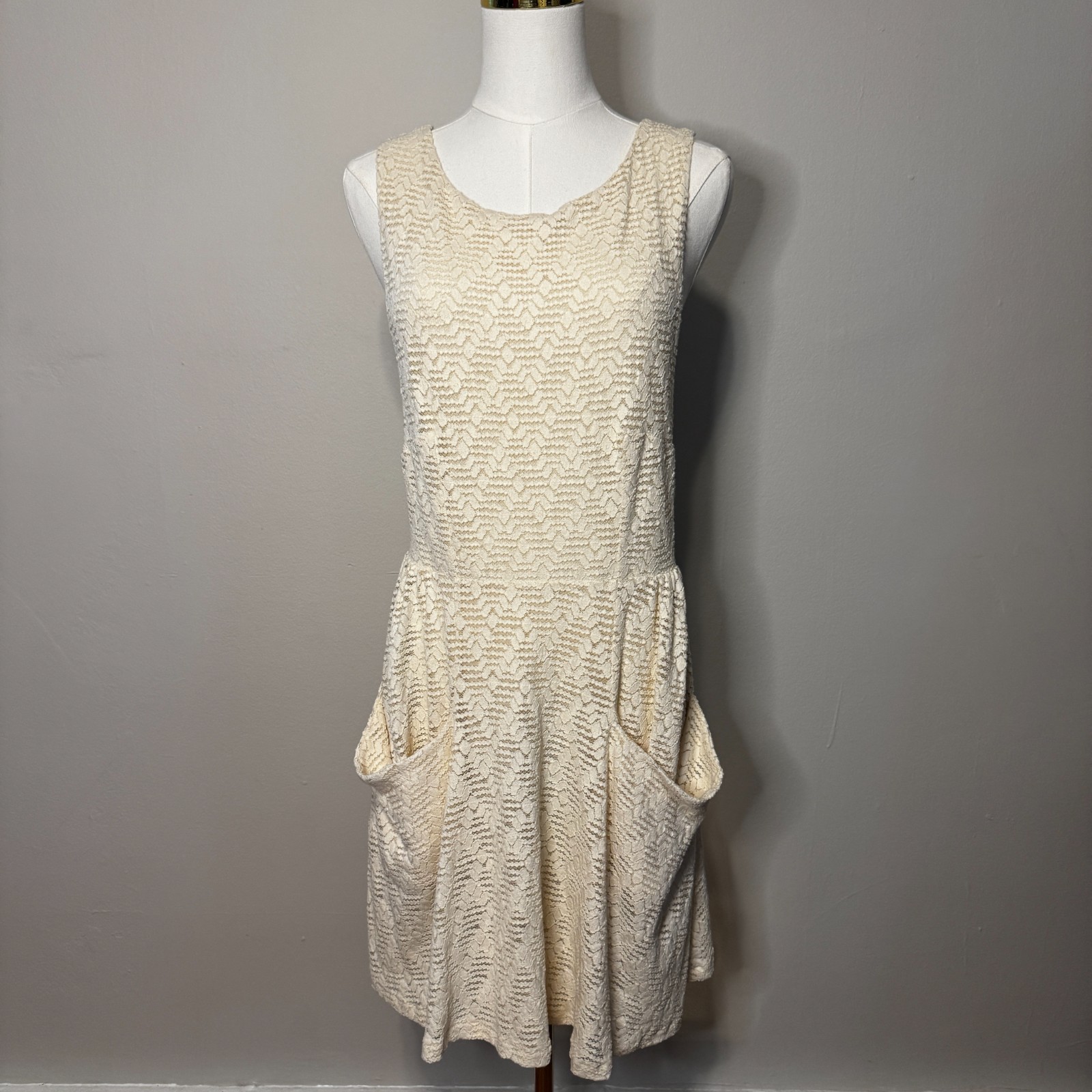 FREE PEOPLE Poppy Open Back Cream Lace Mini Dress with Pockets Size L