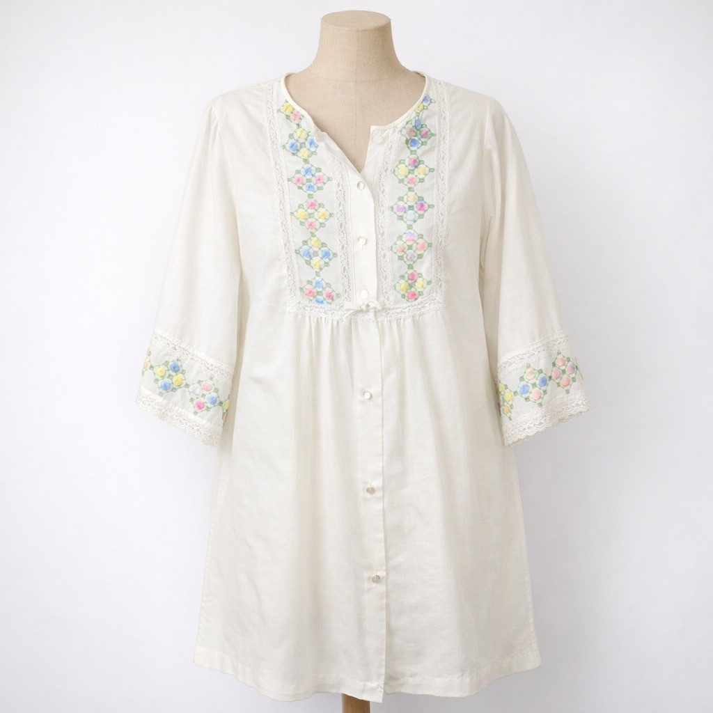 Vtg Floral Embroidered Lace Button Shift Dress Size M White Prairie Cottagecore