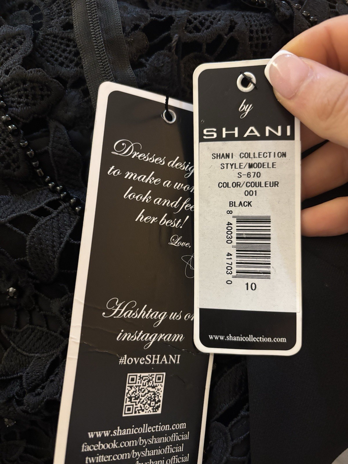 by SHANI Black Solid Lace Beaded Sheath Knee Dress 3/4 Sleeve Boat 10 S-670